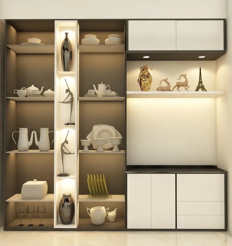 Crockery shelves in dining section designed by moduleightt